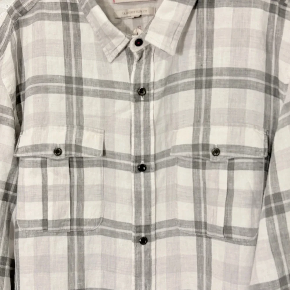 Banana Republic Men Linen Button Down Shirt Large Plaid Tailored Slim Fit Pocket